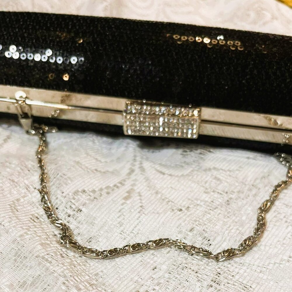 Vintage Black Sequin Cylindrical Clutch, Silver Chain, Elegant, 2000s - Picture 10 of 10